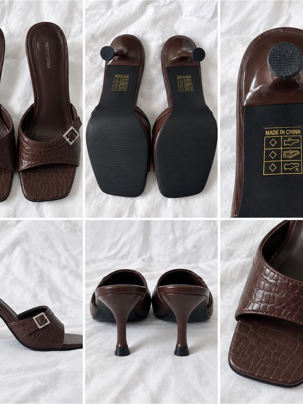 PrettyLittleThing Brown Croc-Texture Square-Toe Heeled Mules